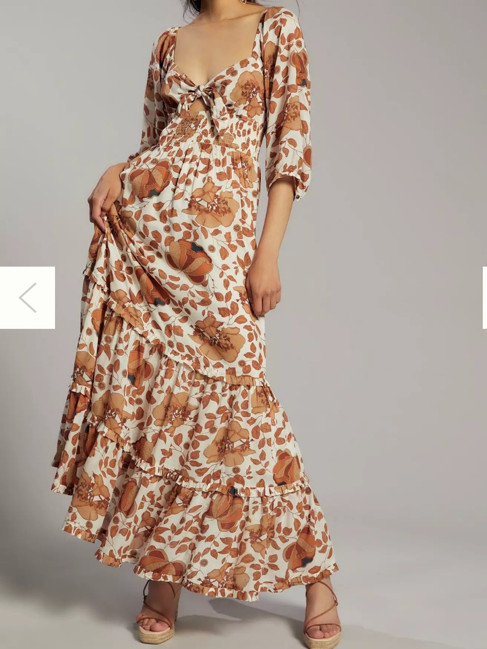 Floral Tie-Front Maxi Dress in Cream & Brown